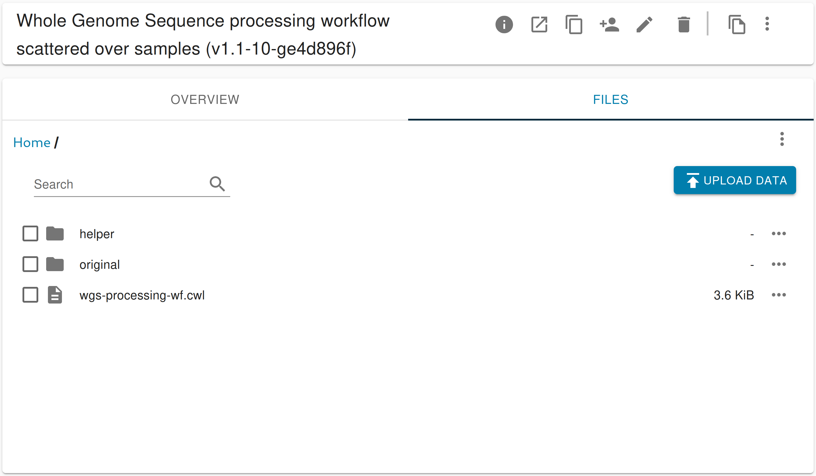 Arvados Workbench screenshot of a collection page with navigation tabs and the Files listing tab open
