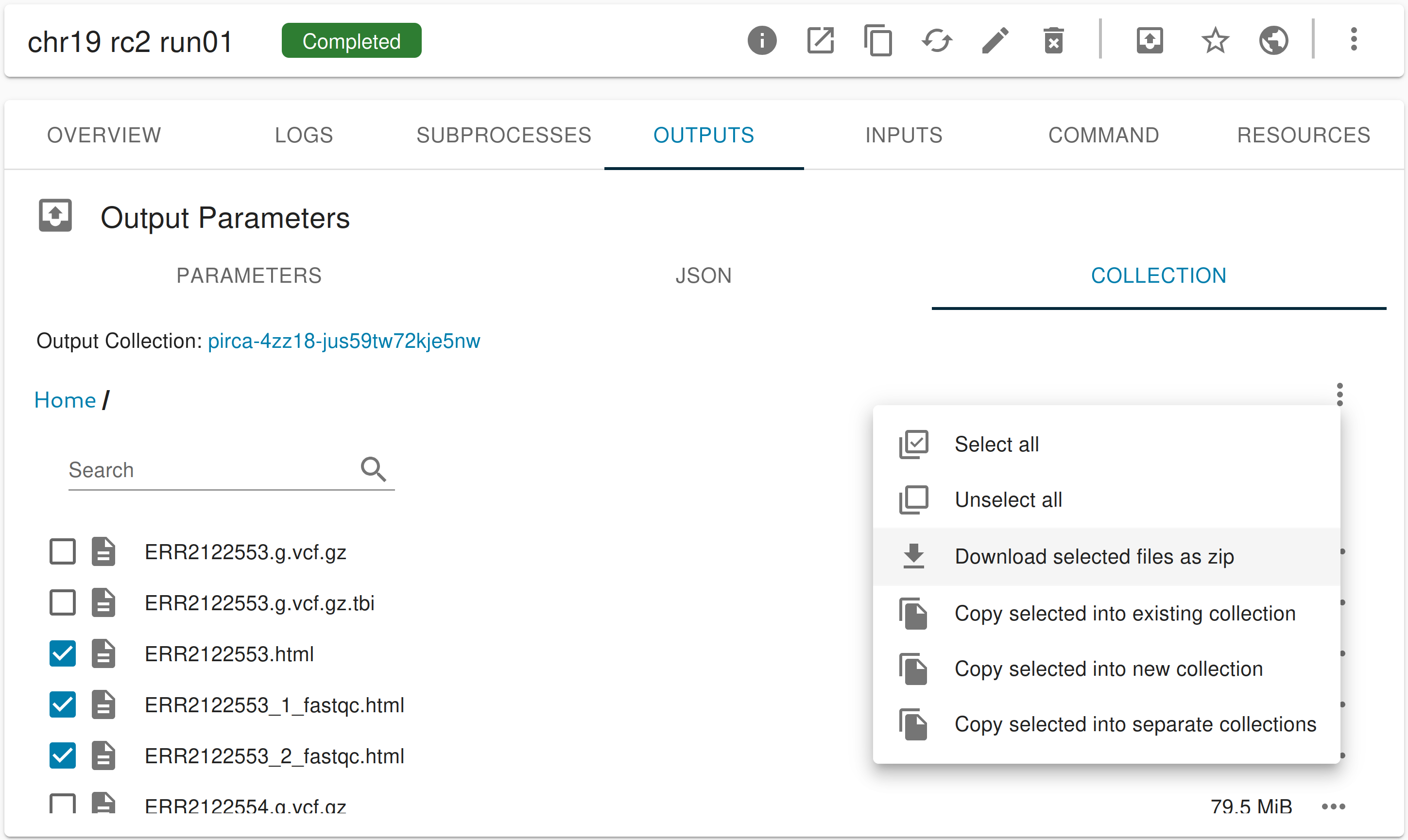 Arvados Workbench screenshot of collection files with “Download selected files as zip” available in the pulldown menu