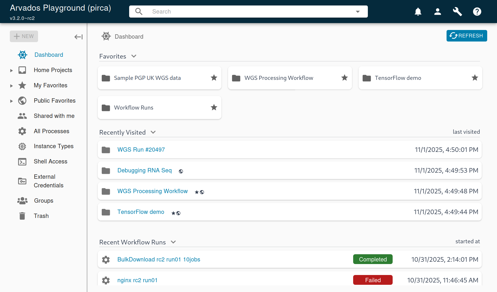 Arvados Workbench screenshot of the dashboard listing Favorites, Recently Visited Projects, and Recent Workflow Runs