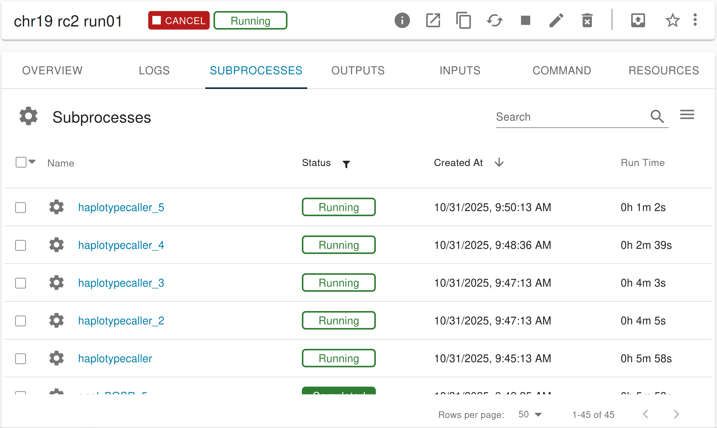 Arvados Workbench screenshot of a process page with navigation tabs and the Subprocesses listing tab open